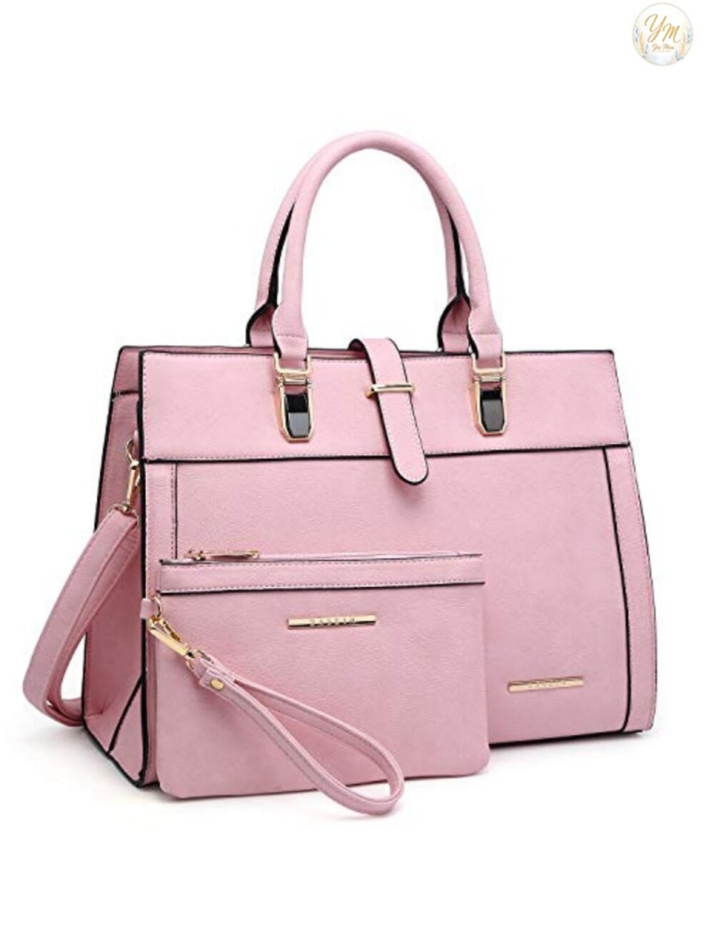 Vegan Leather Belted Satchel Purse Top Handle Work Tote with Wristlet